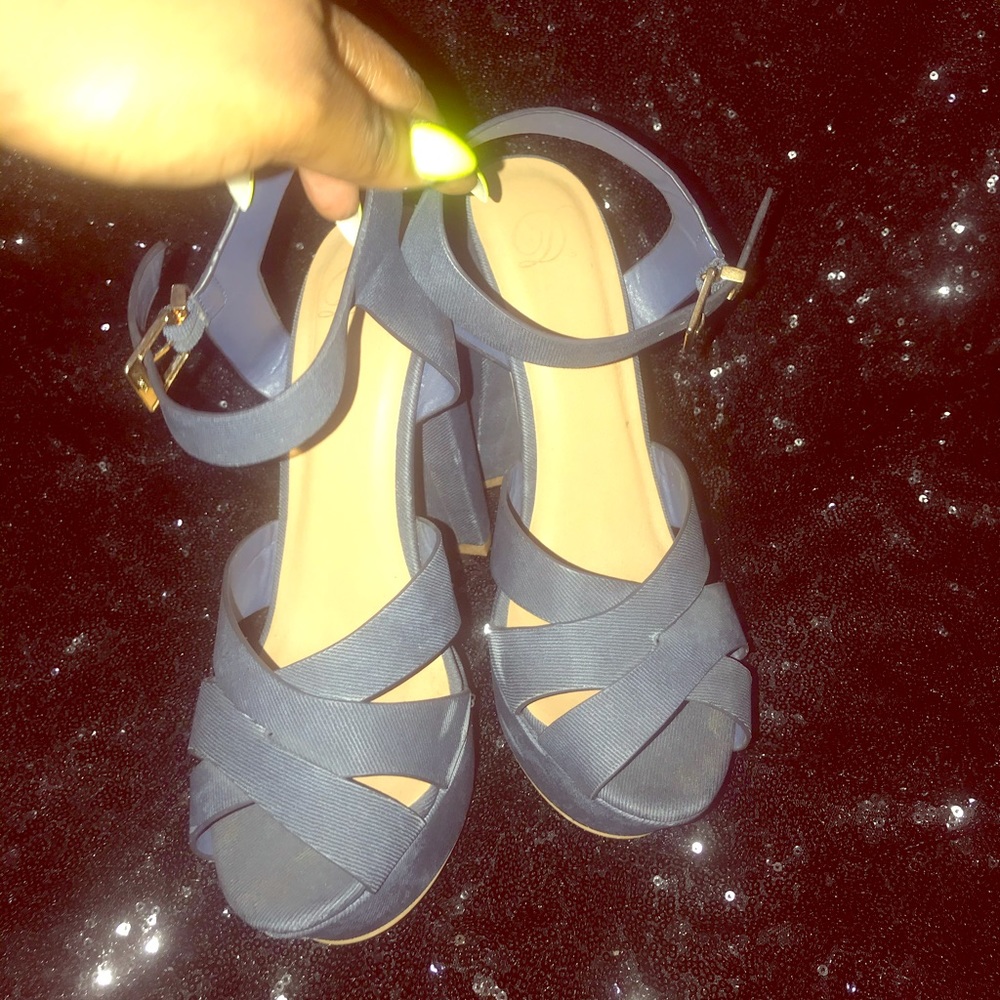 Denim peep toe heels